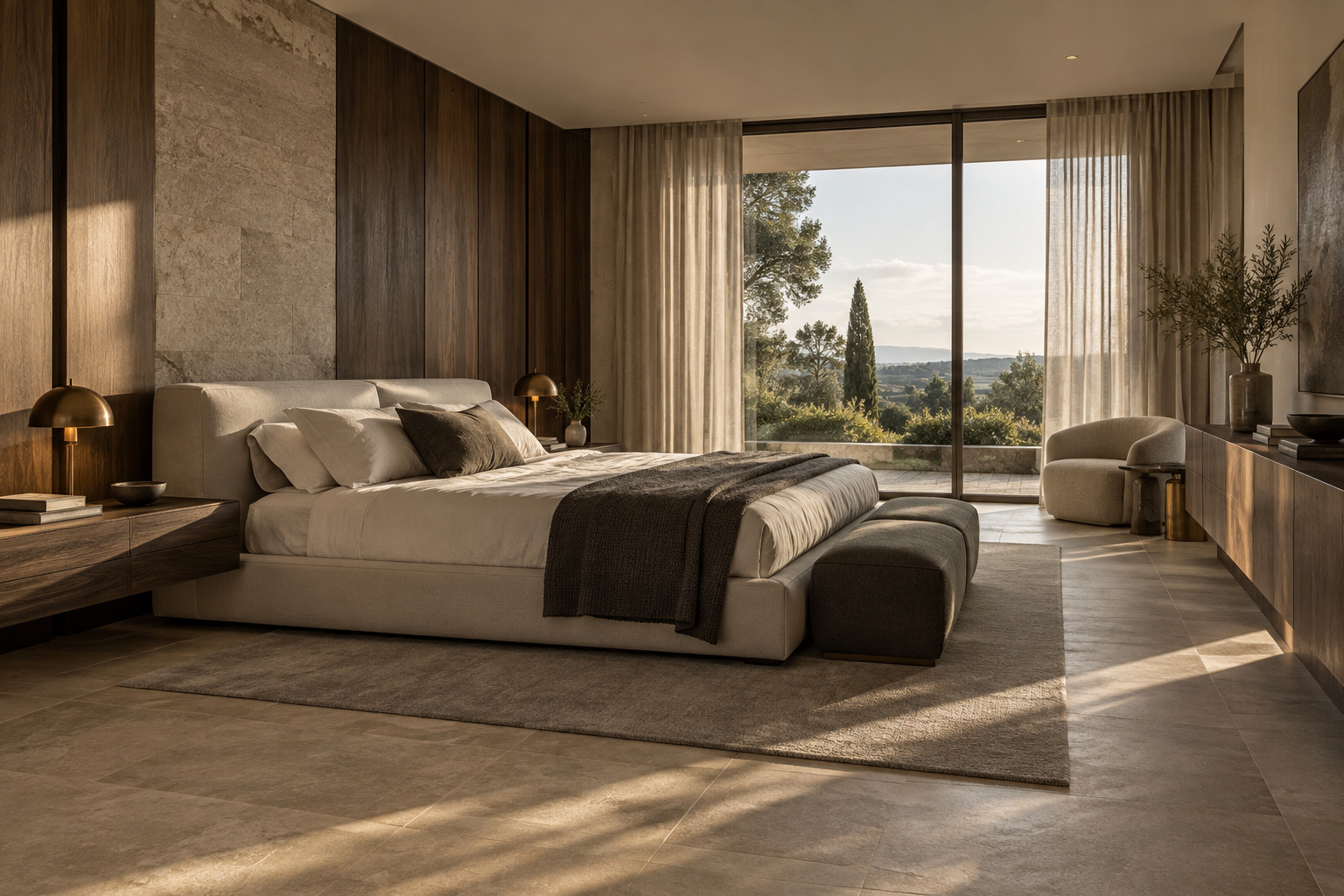 Camera da letto contemporanea con legno scuro, pietra e tessuti naturali