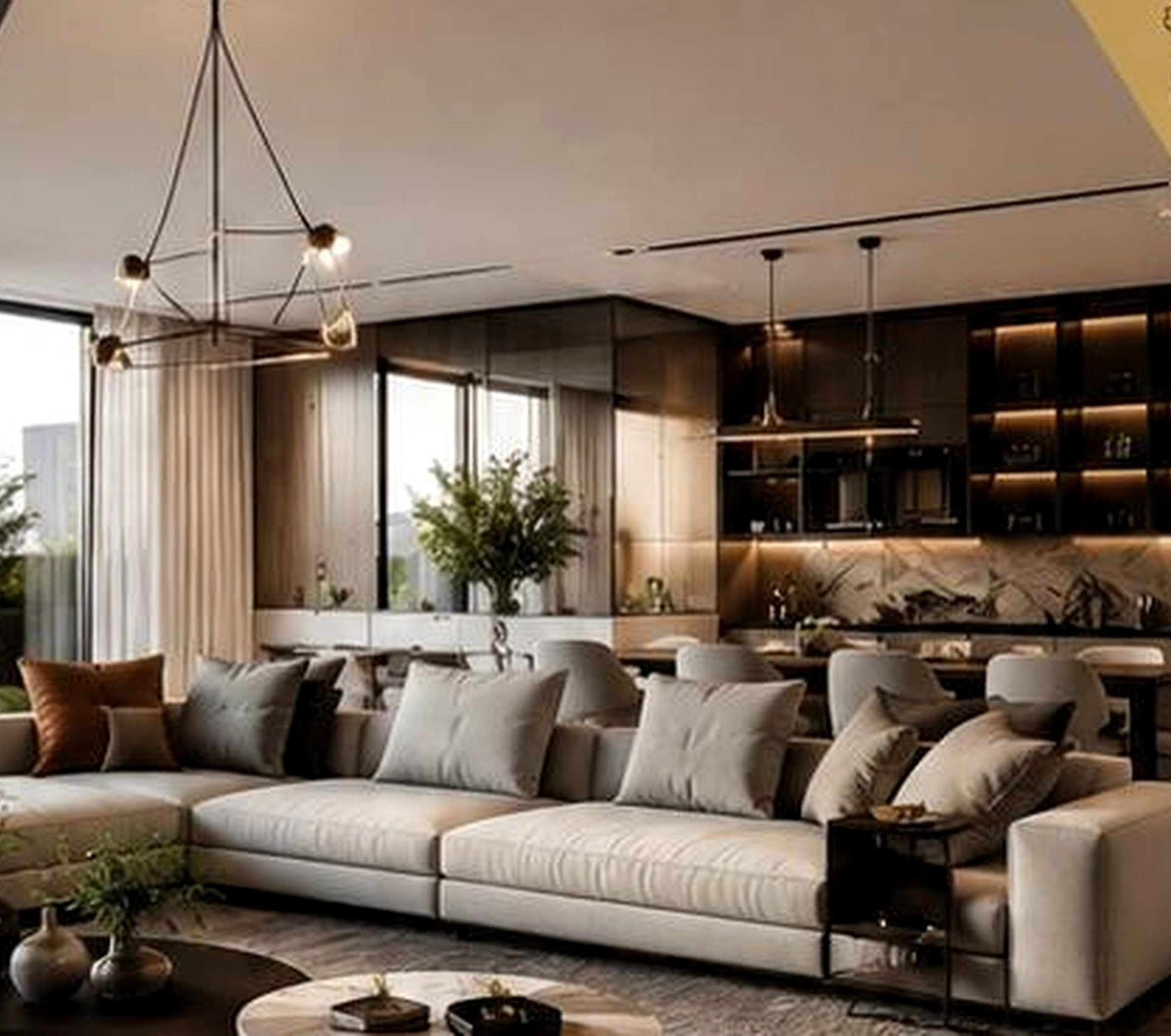 Living contemporaneo progettato nei toni caldi