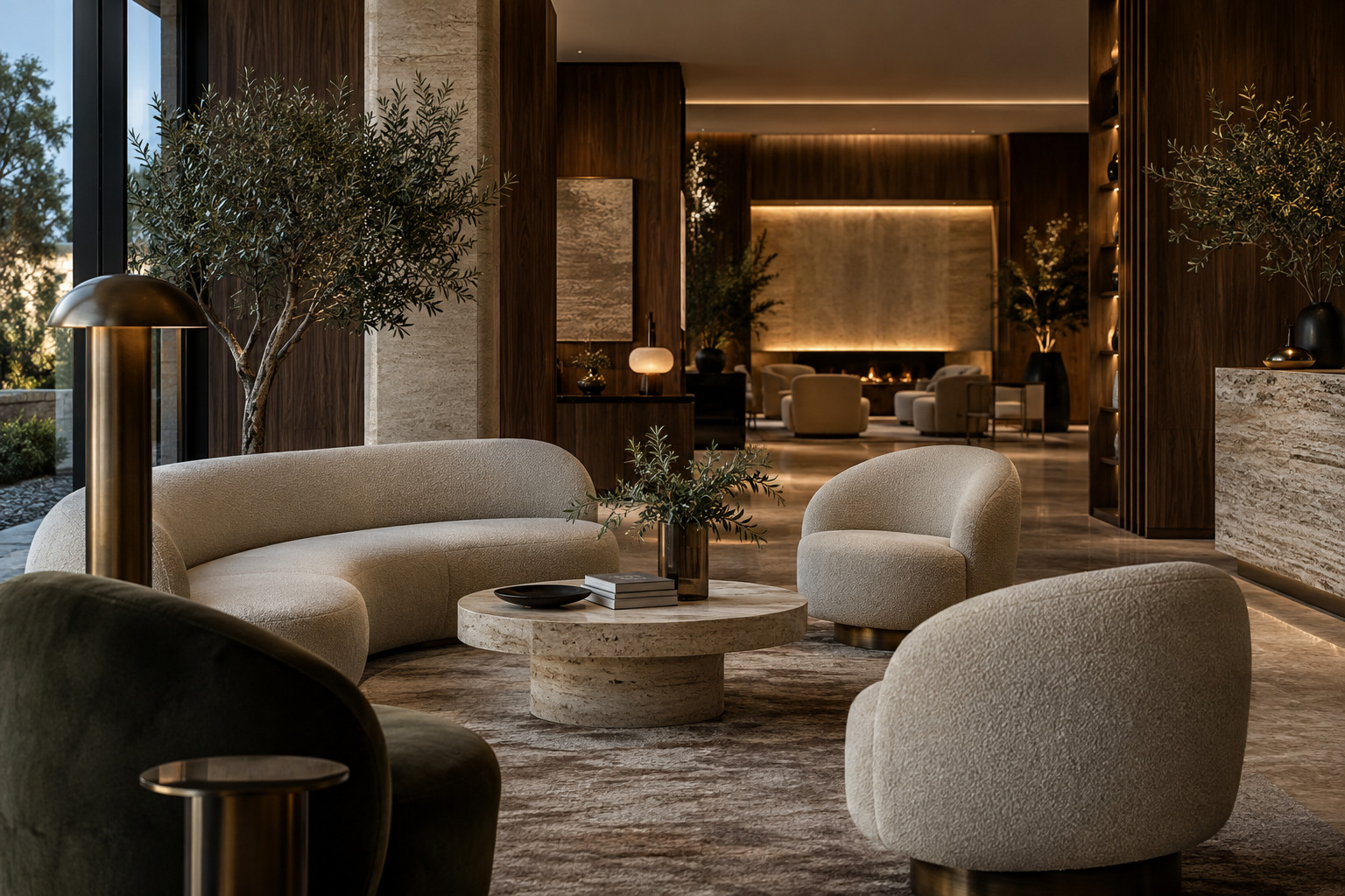Lounge di hotel con sedute scultoree, noce e travertino