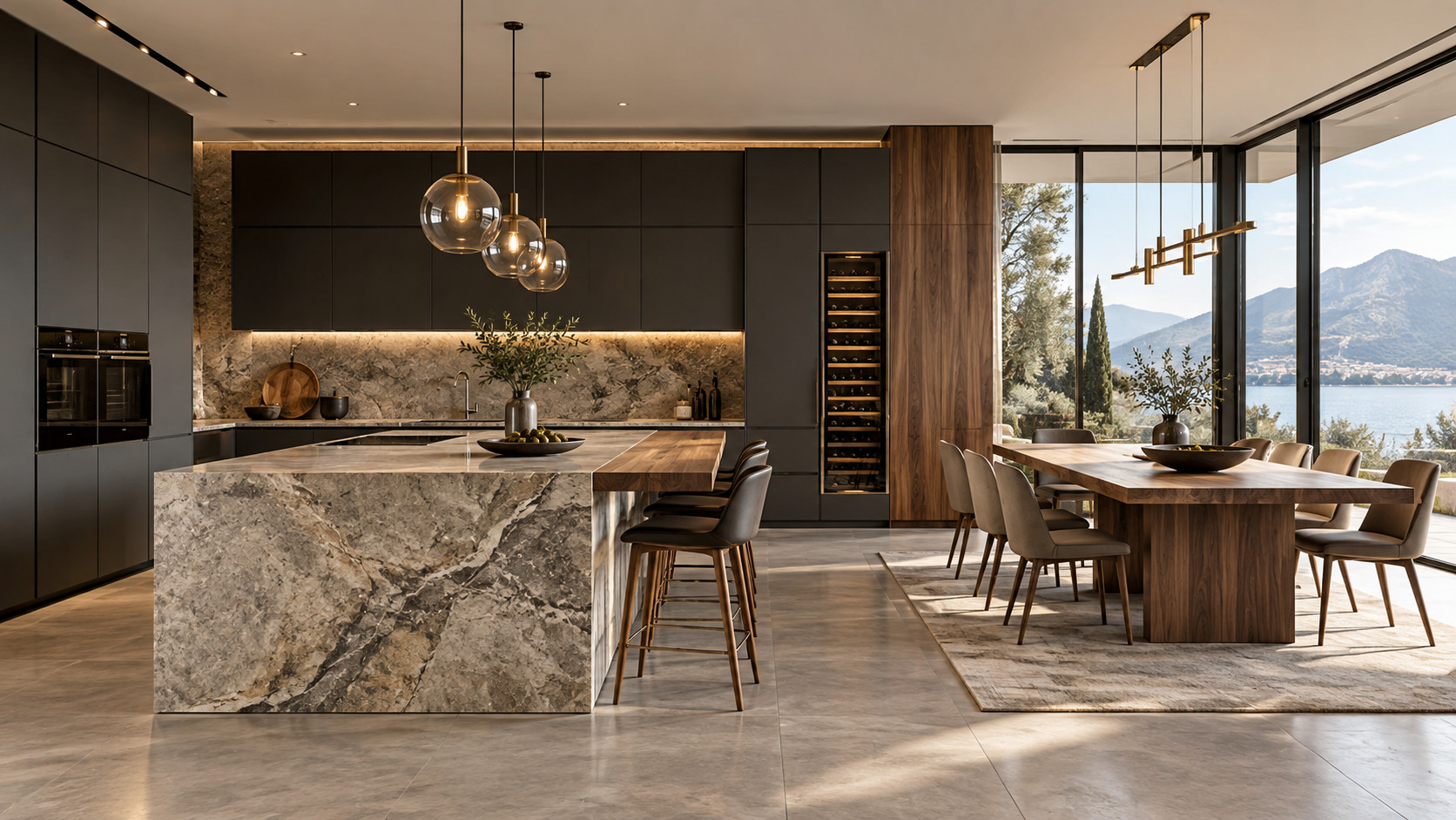Cucina contemporanea con isola in pietra e zona pranzo panoramica