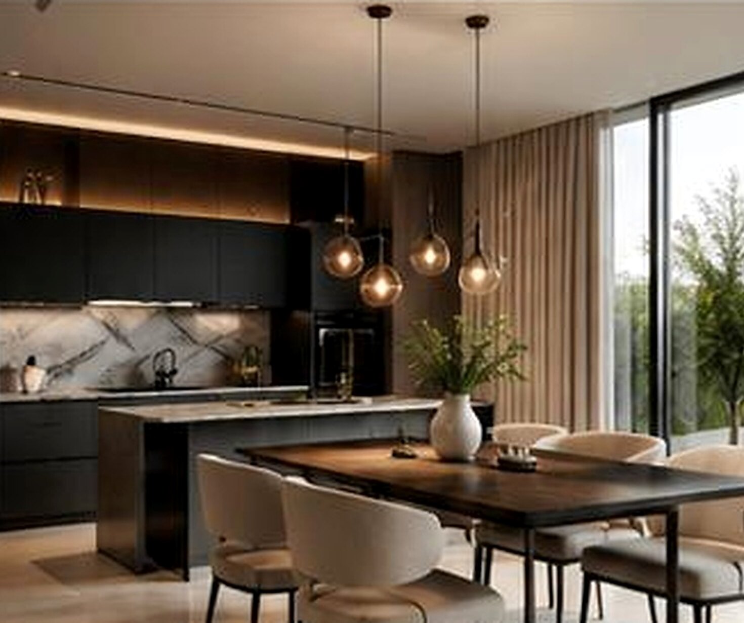 Cucina moderna con illuminazione calda