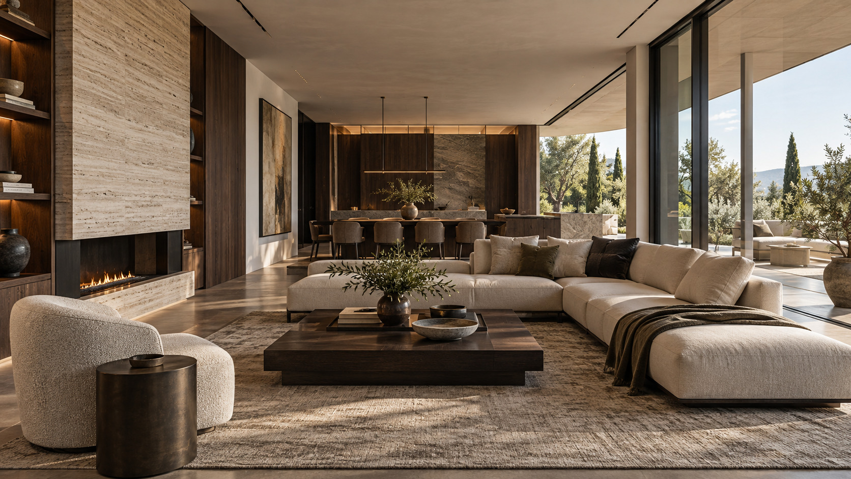 Ampio living contemporaneo con camino in travertino e cucina in legno