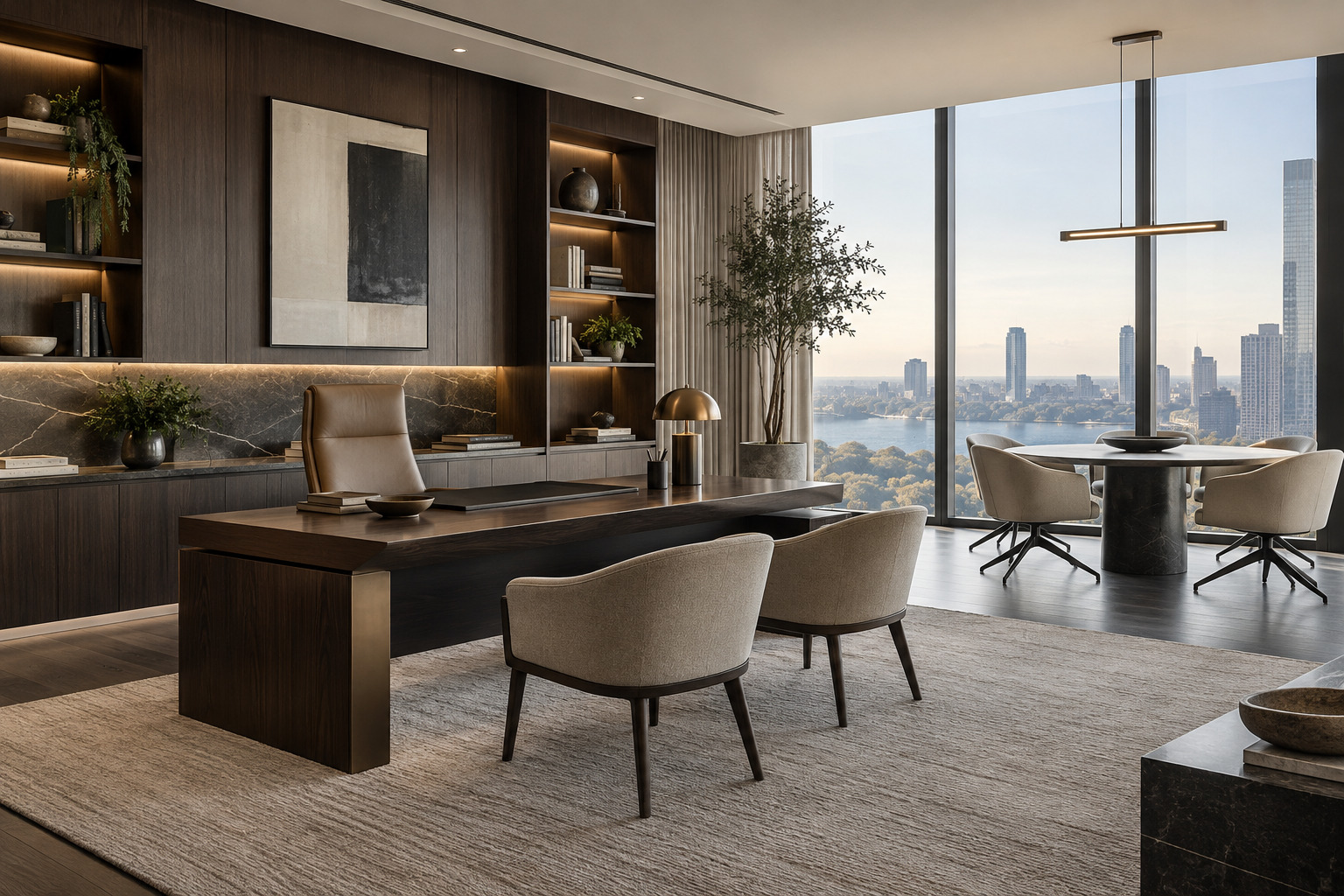 Ufficio direzionale contemporaneo con legno scuro e grandi vetrate